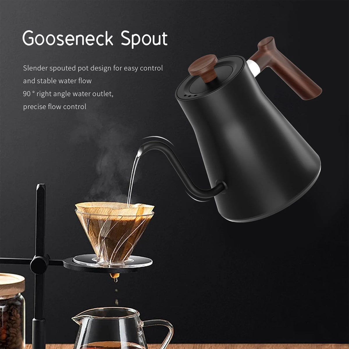 0.9L Electric Gooseneck Kettle 1200W Water Boiler NTC Temperature Control LCD Display Auto Shut Off Pour Over Coffee Tea Kettle - Stereotech