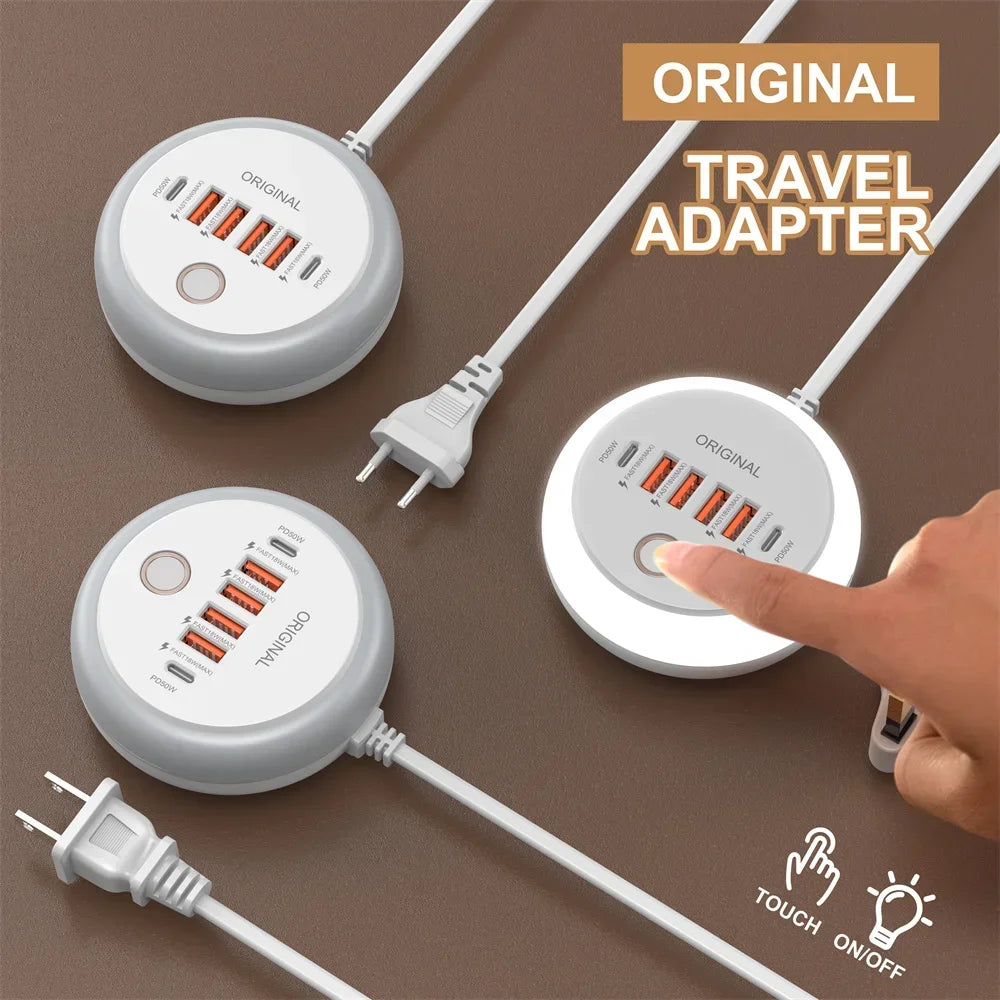 PD 50W Multi Port Charger Type C Fast Charging EU US Plug Wall Charger 6 Port USB Quick Phone Charger With Touch LED/ Fill Light