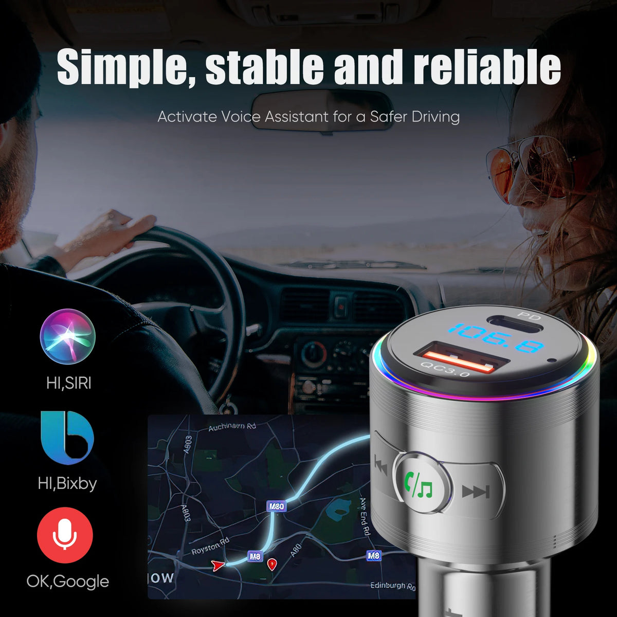 LENCENT Bluetooth 5.3 FM Transmitter Full Metal Bluetooth Car Adapter with PD 20W &amp; QC3.0 Fast Charger Hi-Fi Music Adapter