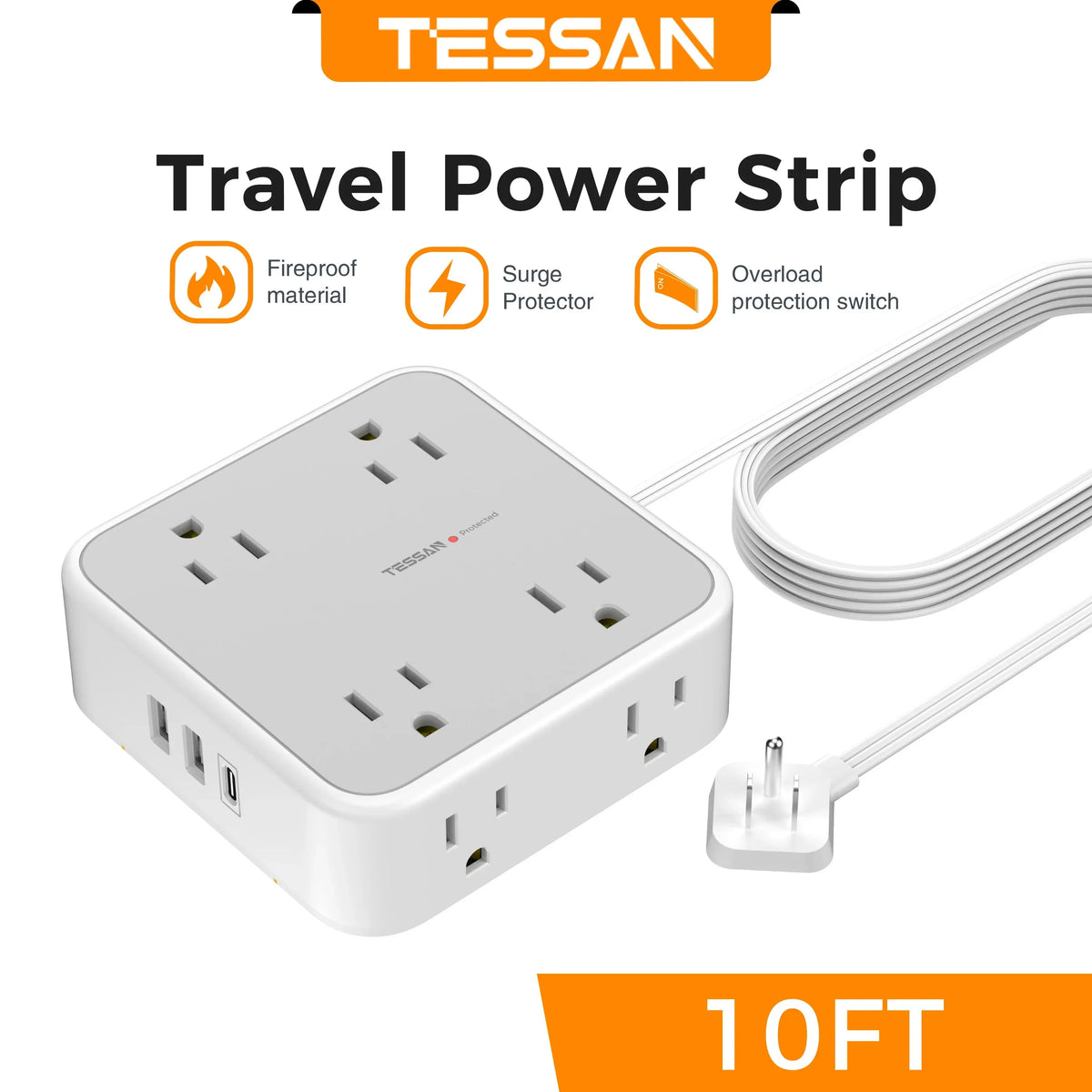 TESSAN Ultra Thin Flat Power Strip Plug with 8 Outlets 3 USB Multi Outlet Surge Protector with 5FT 10FT Extension Cable