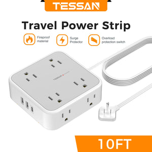 TESSAN Ultra Thin Flat Power Strip Plug with 8 Outlets 3 USB Multi Outlet Surge Protector with 5FT 10FT Extension Cable