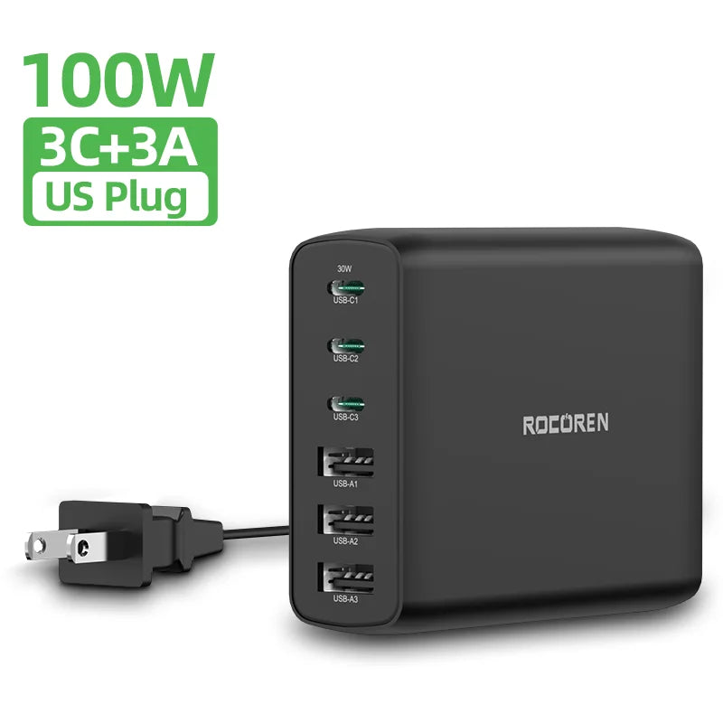 Rocoren 100W GaN Charger USB Type C  PD Fast Charger Quick Charge 4.0 3.0 Multiple Desktop Charging Station For iPhone 15 Xiaomi