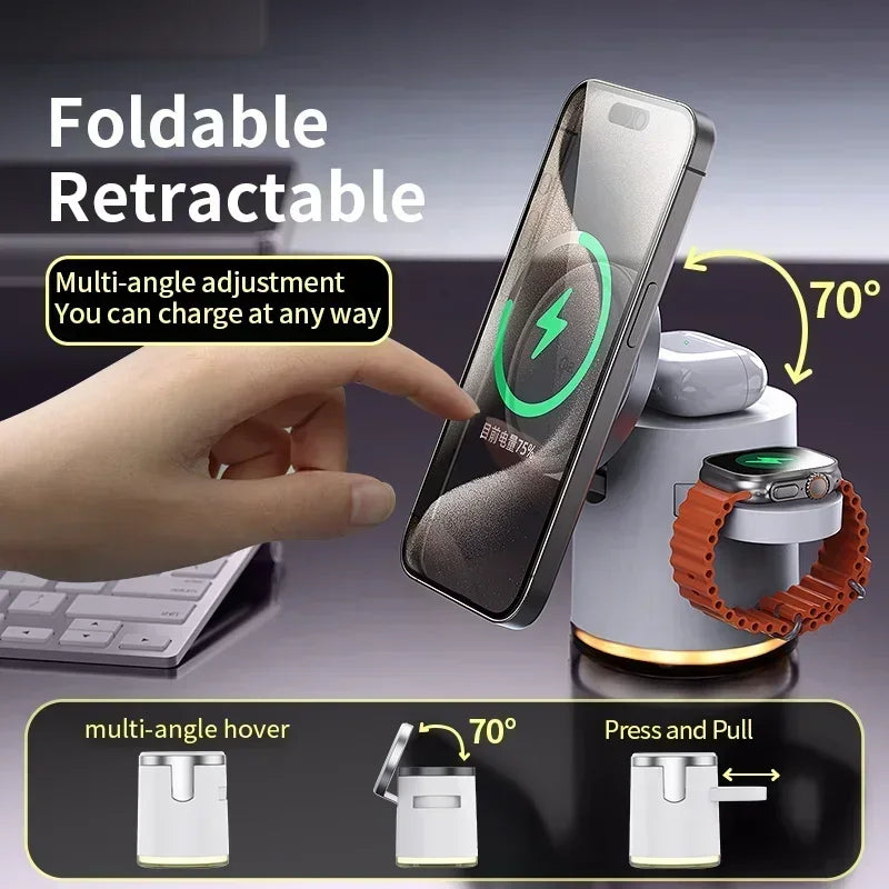 4 in 1 QI2 Wireless Charger Fast Charging Dock Stand Night Light For Magsafe iPhone 16 15 14 Pro Max Airpods Pro Apple Watch 2-8