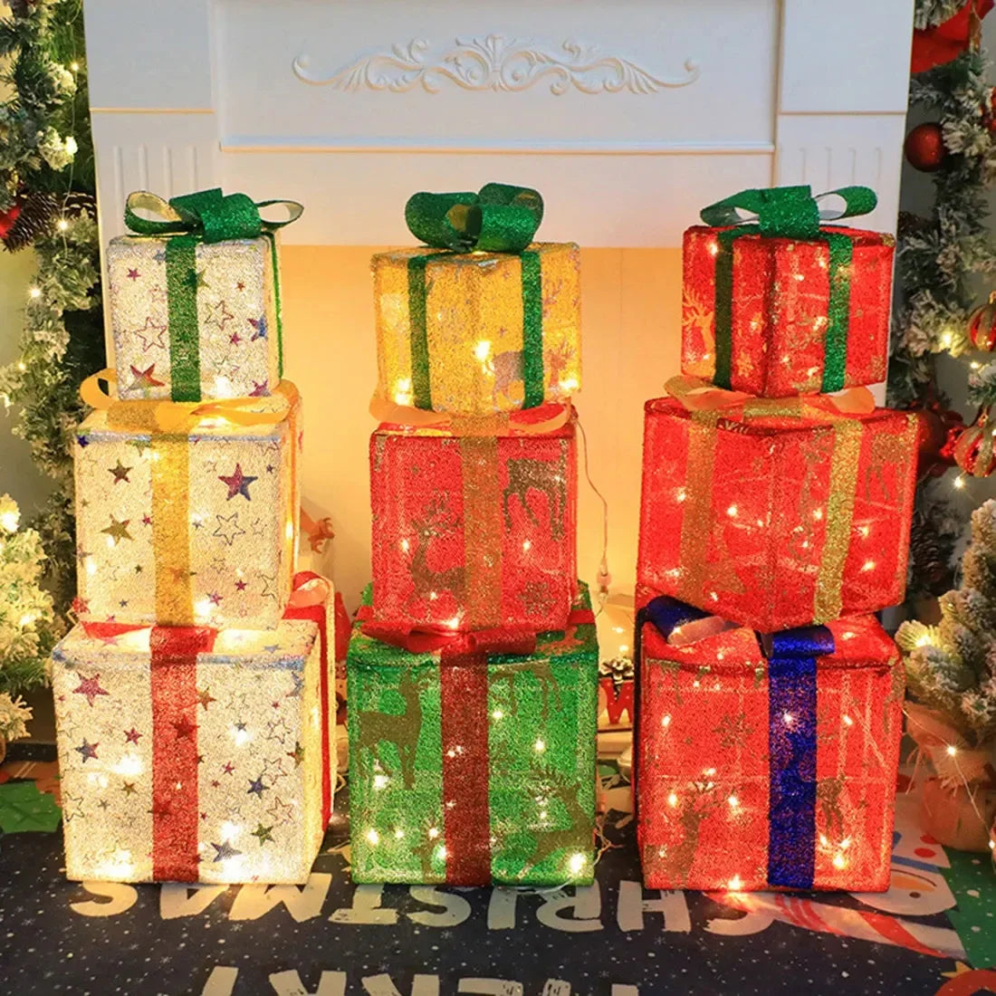 3Pcs/Set Christmas Glowing Gift Box Decoration Outdoor Lighting Christmas Lights Box with Bows  Christmas Gift Box Ornament