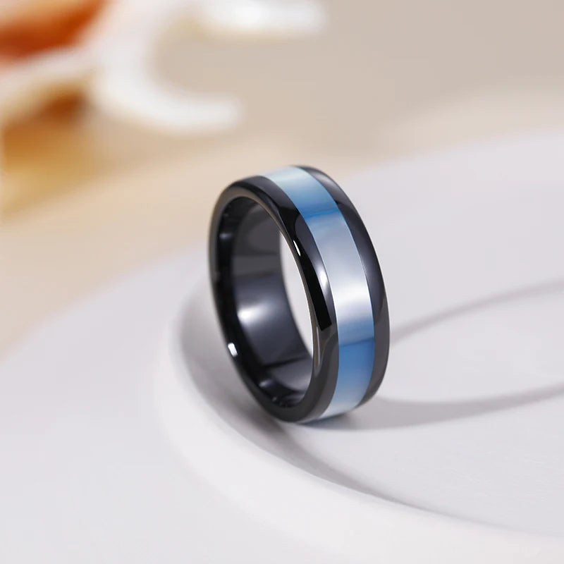 Kolmnsta 8mm Black Ceramic Ring Men Women Rings Real Blue Shell Inlaid Wedding Engagement Band Fashion Jewelry For Lover Couple