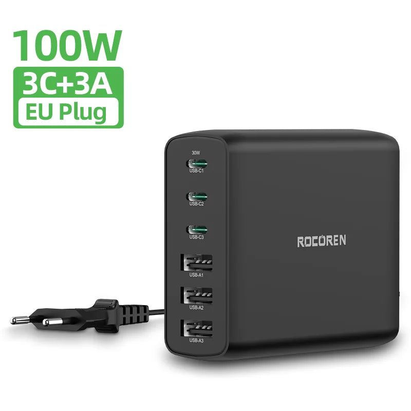 Rocoren 100W GaN Charger USB Type C  PD Fast Charger Quick Charge 4.0 3.0 Multiple Desktop Charging Station For iPhone 15 Xiaomi