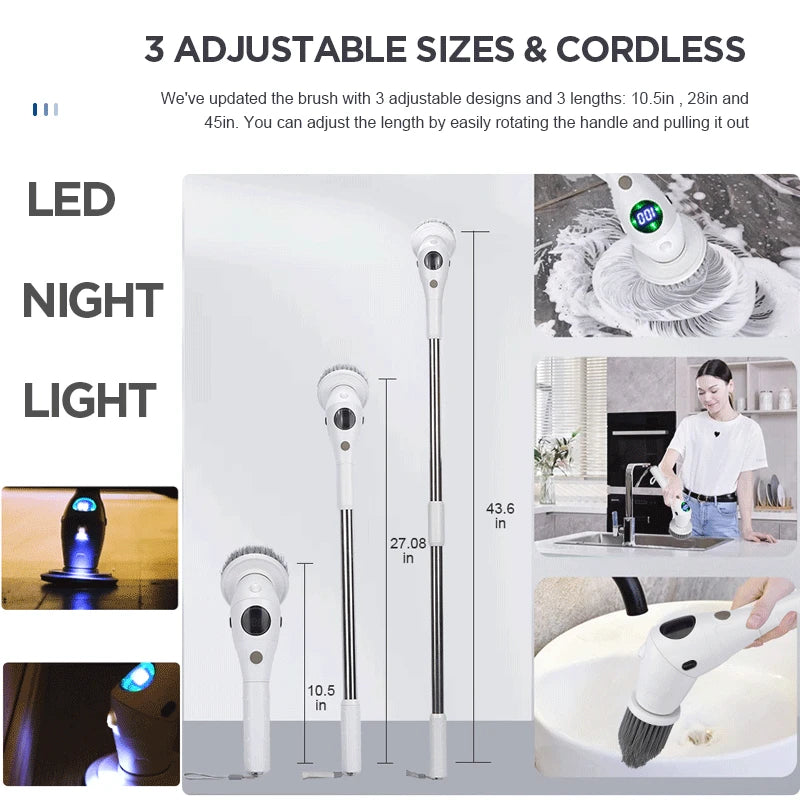 Electric Cleaning Brush 8-In-1 Display 3 Speed Rotatable with Light Kitchen Bathroom Floor Wireless Cleaning Brush