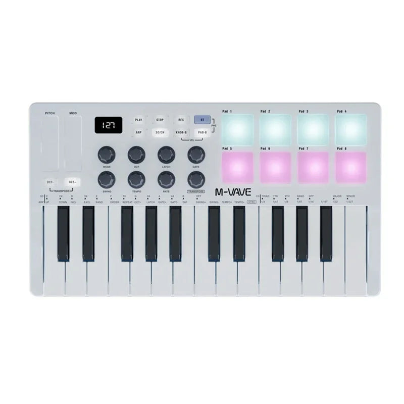 M-VAVE Portable MIDI 25-Key USB MIDI Keyboard Controller with 8 Backlit Drum Pads 8 Knobs 8 RGB Music Keyboard Instruments