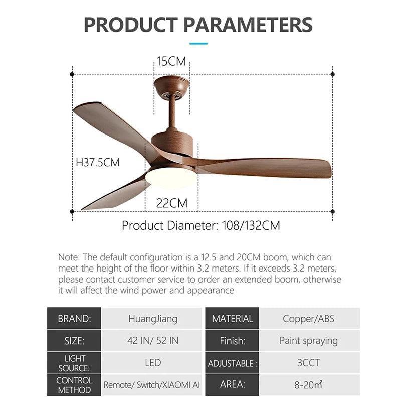 36/42/52 Inch Restaurant Fan 3 Blade Pure Copper DC 35W Motor Ceiling Fan With 24W LED Light Support Remote Control - Stereotech
