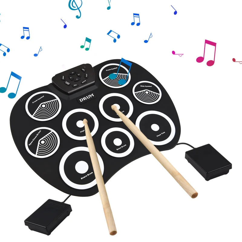 Electronic Drum Set Hand-rolled Drum 9-pad MIDI Interface Supports DTX Games Portable Drum Set Gifts with Drumsticks Pedals