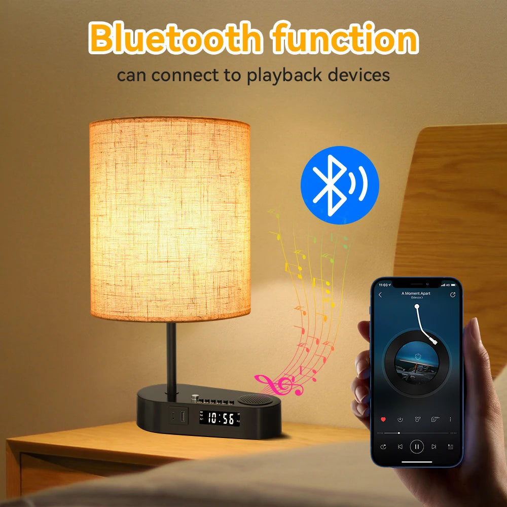 Bedside Table Lamp with Bluetooth and Alarm Clock Function Fabric Music Player Table Lamp Three Color Adjusted for Living Room