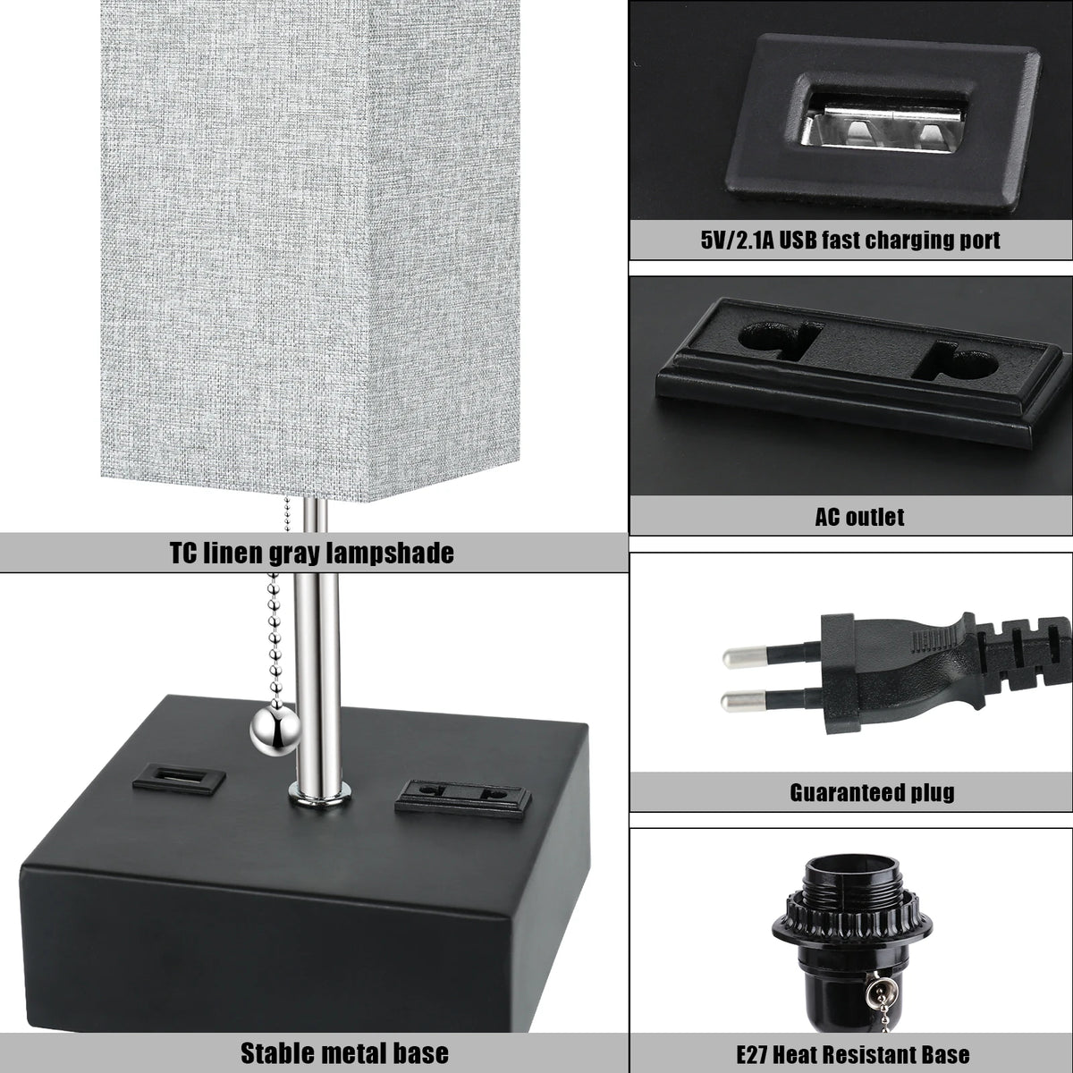 Bedside Lamp Pulling Switch Desk Nightstand Lamp with 2 USB Charge Port Rectangular Fabric Shade for Bedroom Living Room Decor