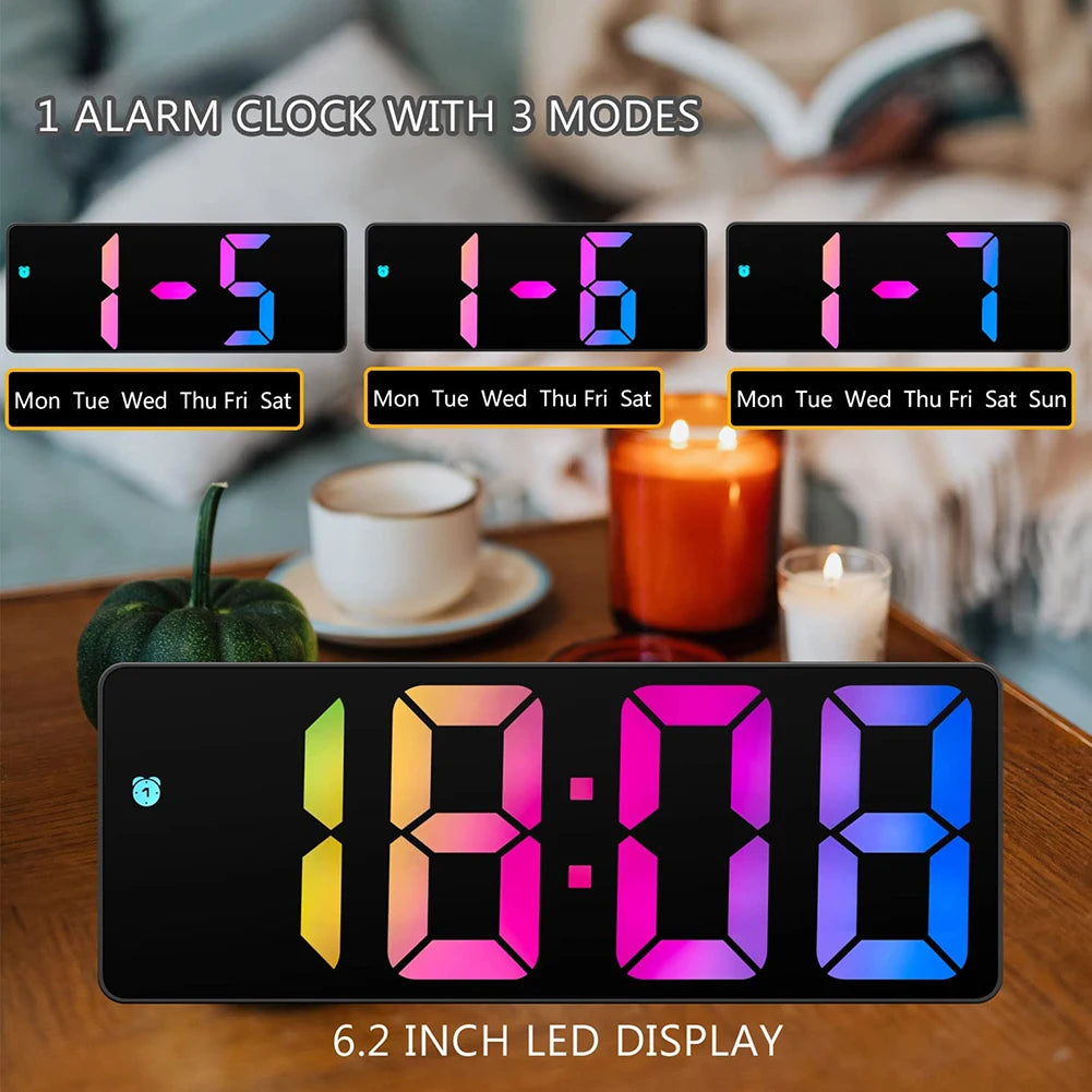 Led Electronic Bedroom Digital Alarm Clock 12/24 Hours Adjustable Brightness Colorful Big Screen Table Desk Clock Watches Decor