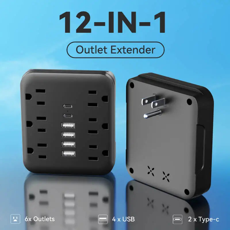 12-in-1 With 6 AC Sockets, 4 USB, 2 Type-C Ports Wall Outlet Extender - Safe, Portable, And Space-Saving Power Solution
