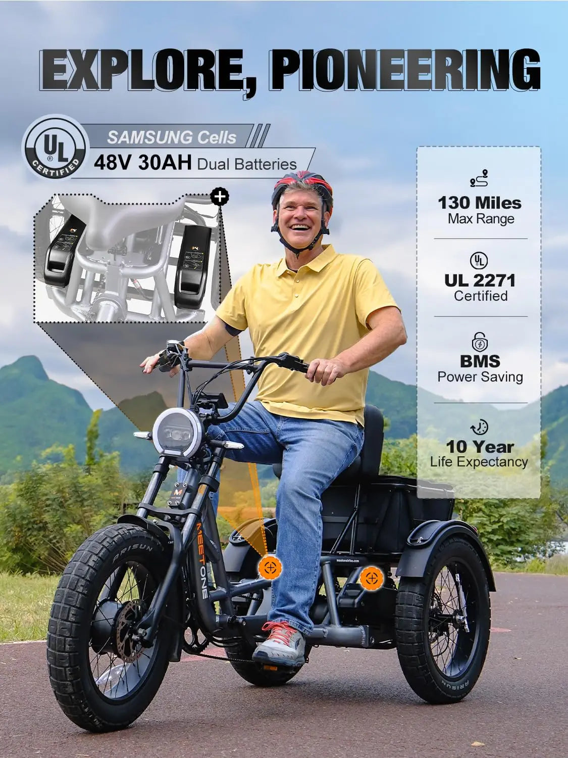 Meetone 1500W48V30AH Adult electric tricycles  Electric Tricycle 3 Wheels Electric Vehicle High Endurance  Strong Power E-trike