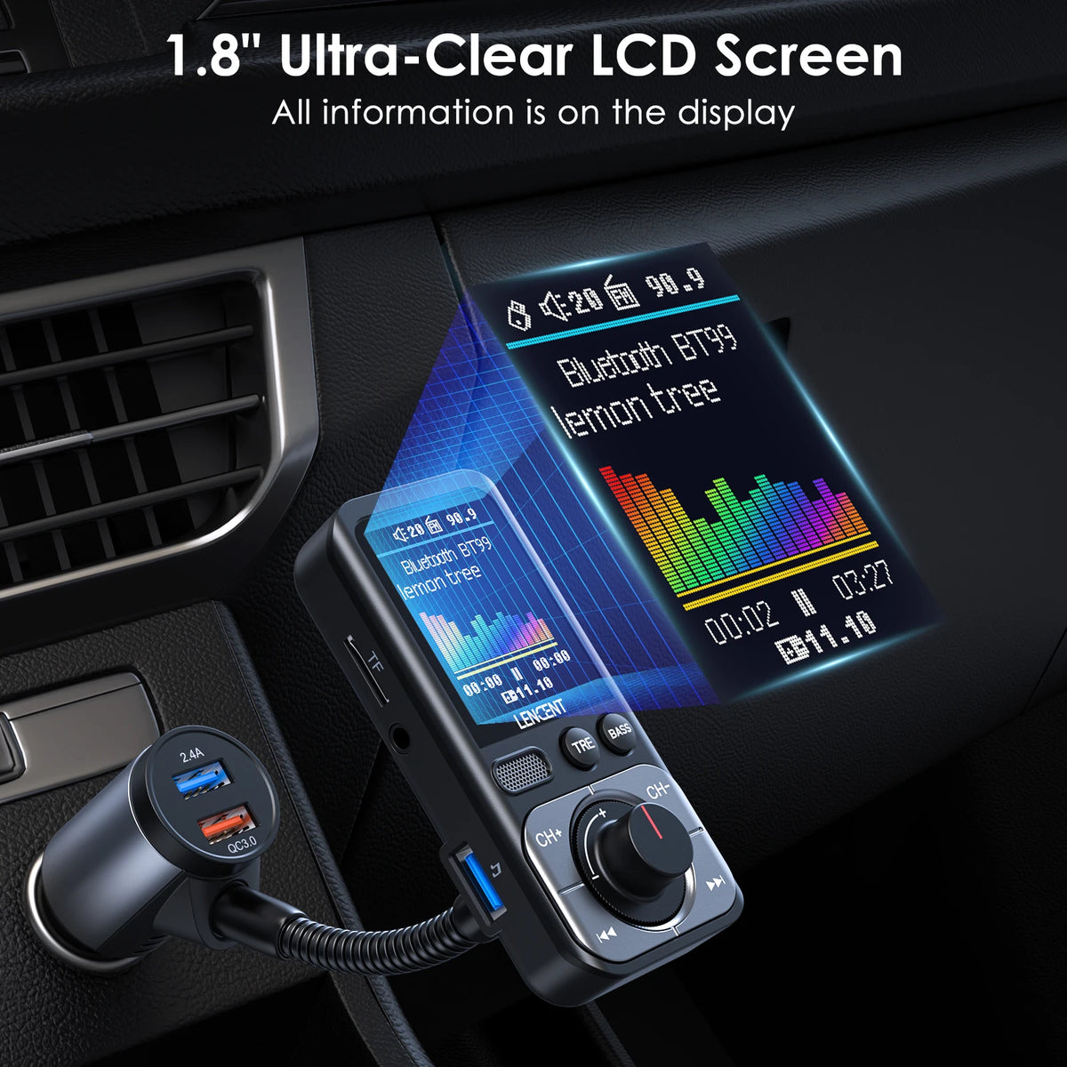 LENCENT FM Transmitter Modulator Car Bluetooth 5.0 with 2USB ports QC3.0  Car Fast Charger MP3 Player Radio Transmitter