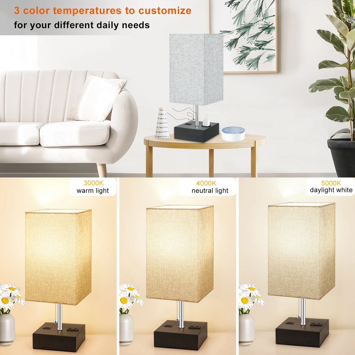 Bedside Lamp Pulling Switch Desk Nightstand Lamp with 2 USB Charge Port Rectangular Fabric Shade for Bedroom Living Room Decor