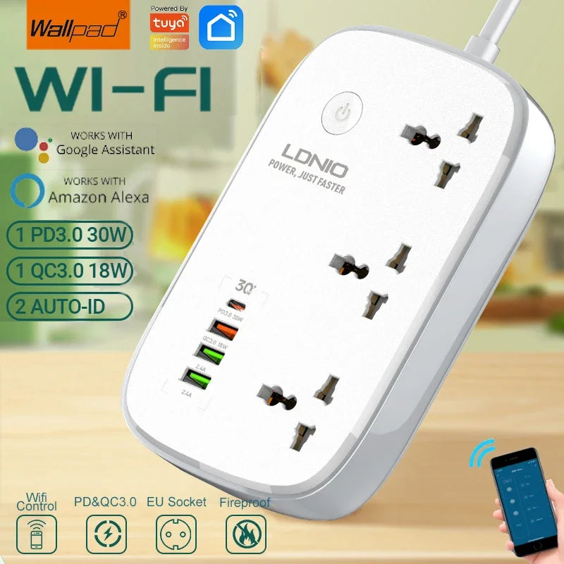 Tuya WiFi Smart Universal Power Strip EU UK US Surge Protector Extenstion Socket Multi Plug Fast Charge 4USB TypeC  Alexa Google