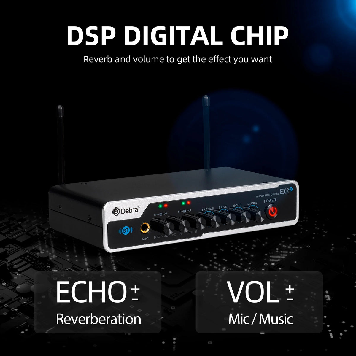 E02U Professional Portable Wireless Microphone System, 2 Handhelds with Bluetooth 5.0 and Reverb for House Parties, KTV Karaoke