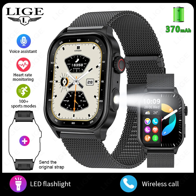 LIGE New Men Smart Watch Flashlight 2.01&quot; HD Large Screen AI Voice Bluetooth Call Sport Watches Health Monitor Smartwatch Women