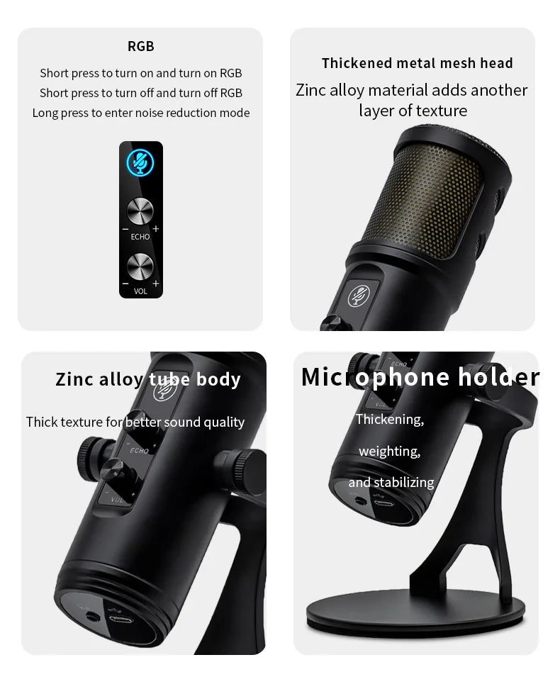 USB Microphone for PC Mac Gaming Recording Streaming Podcasting, Computer Condenser RGB Mic with Phone Adapter Headphone Output