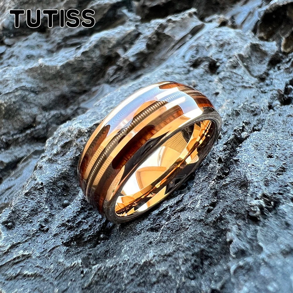 TUTISS 8mm Men&#39;s And Women&#39;s Tungsten Ring Dome With Three Grooves Inlaid With Rosewood And Guitar Strings For a Comfortable Fit