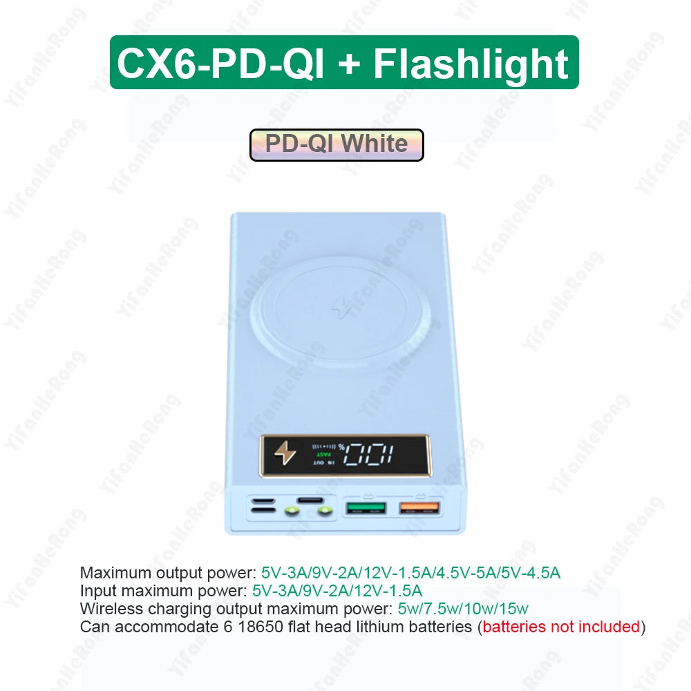 6 PCS 18650 Power Bank Case Wireless Fast Charge QC3.0 For Phone Charging Welding-free DIY Battery Storage Boxes