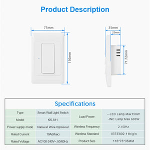 Milfra Smart Light Switch WiFi Zigbee No Neutral Wire Required AU KR Brazil Wall Button Switches 1/2/3Gang AC100V-250V 50/60Hz