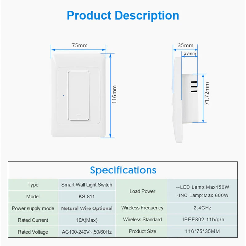 Milfra Smart Light Switch WiFi Zigbee No Neutral Wire Required AU KR Brazil Wall Button Switches 1/2/3Gang AC100V-250V 50/60Hz