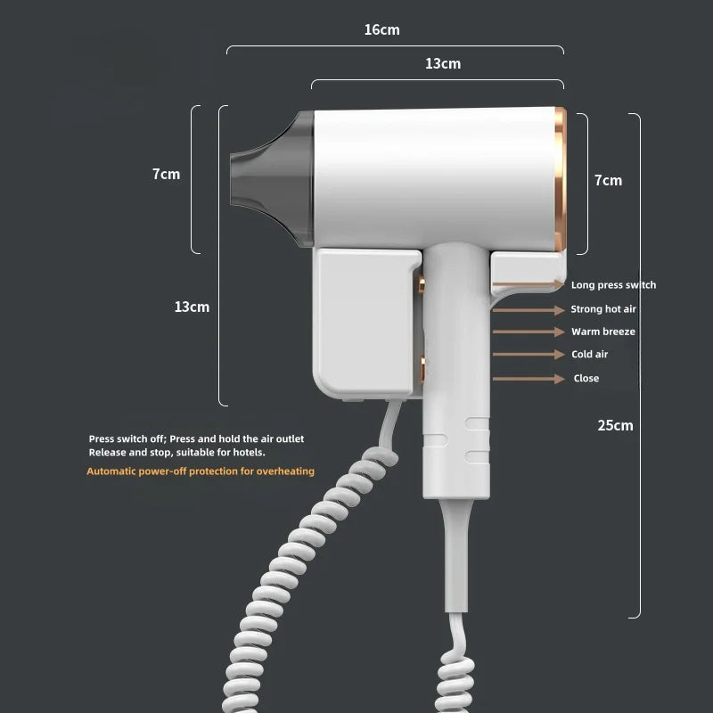 New Hotel And Hotel Hair Dryer 220V Wall Mounted High-Power Blue Light Negative Ion Hair Care Hair Dryer Without Punching Hole