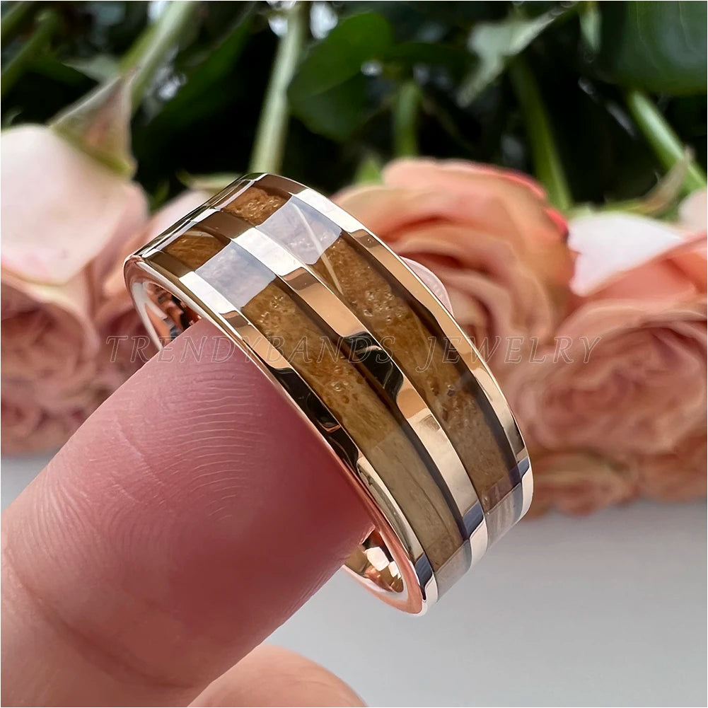 8mm Men&#39;s Women&#39;s Ring Tungsten Wedding Band Couple&#39;s Fashion Jewelry Whisky Barrel Wood Inlay Polished Shiny Comfort Fit