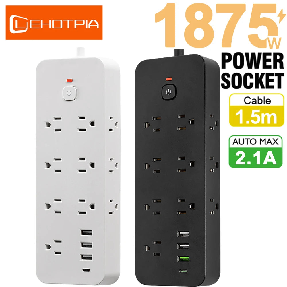 US AC Plug Power Strip Wall Mounted Main Control Switch Power Socket 3 USB Ports 1 Type C Ports Charging Network Filter Adapter