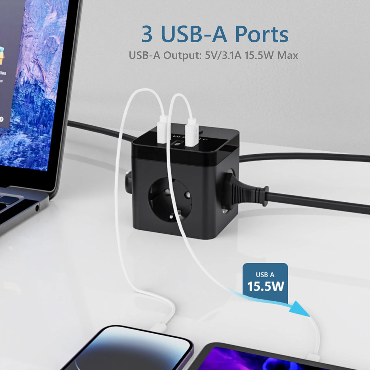 Power Strip with 3 AC Outlets 3 USB Ports 1.5M Extension Cable Multi Electrical Socket Power Adapter with Switch For Home Cube