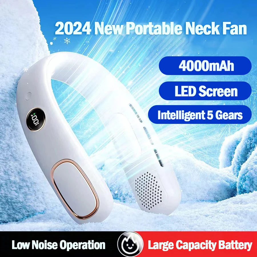 2024 New 4000mAh Rechargeable Hanging Neck Fan Mini Air Conditioner Portable Fan Wearable Bladeless Fan with 5 Gears LED Screen - Stereotech