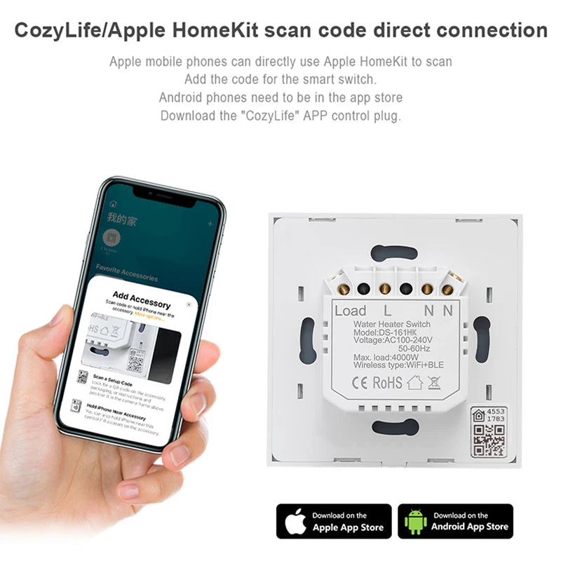Homekit 20A Wireless Touch Wall Boiler Water Heater Switch  Electrical Light Smart Life For Google Home Alexa - Stereotech