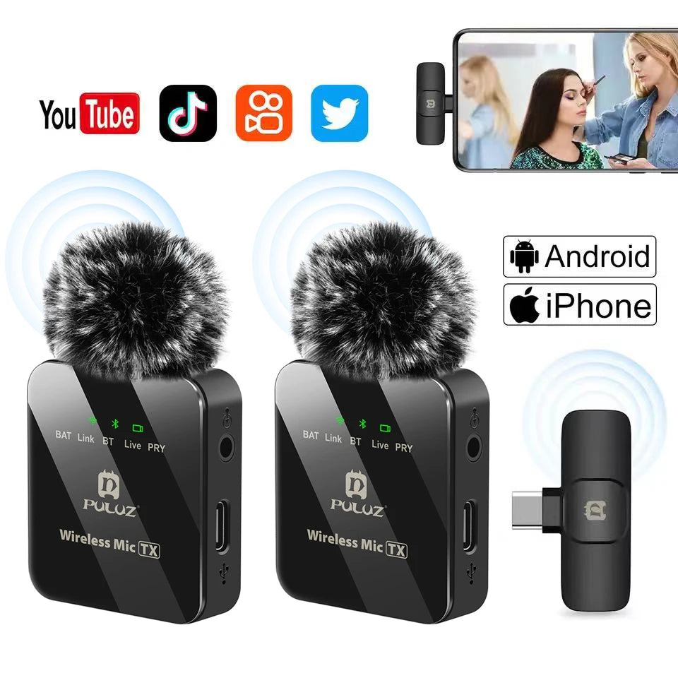PULUZ Wireless Lavalier Microphone Portable Audio Video Recording Mini Mic for iPhone Android Outdoor Live Broadcast Phone Mic - Stereotech