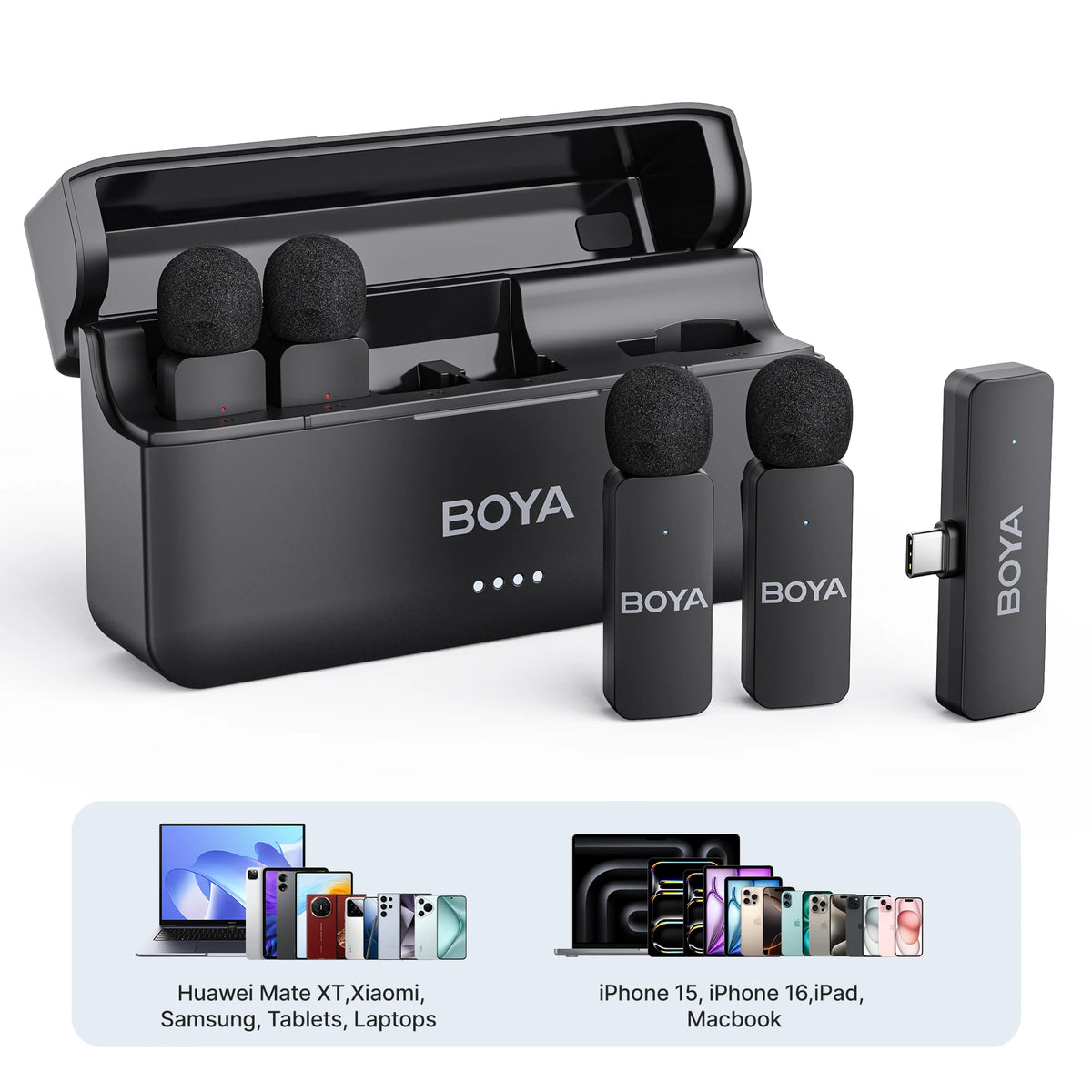 BOYA BY-V4 Four-channel Wireless Lavalier Microphone for iPhone 15 Series Type C Smartphone Lapel Mic for Youtube Recording Vlog