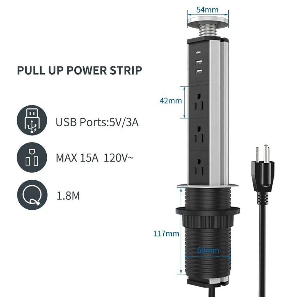 Meler Tablet Socket Power Strip US Electric Plug Pop Up Desk Switch Outlet Hidden Kitchen USB Type-C harger 1.8m Extenstion Cord