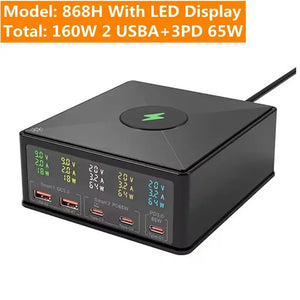 160W 5 Ports GaN USB C Charger Station 15W Wireless Charging PD 65W QC3.0 Type C Fast Charger for iPhone Macbook Samsung Laptop