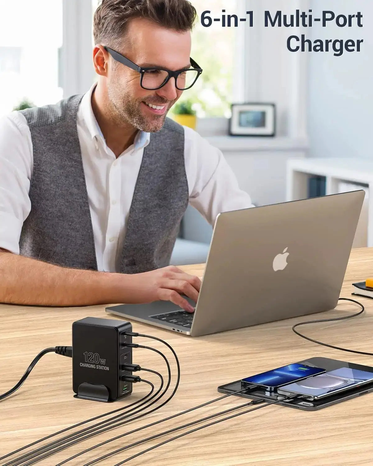 120W GaN Charger 6 Port Desktop Multi USB Charger 100W PD PPS QC4.0 Quick Charger For Laptop Tablet iPhone 16 Samsung S24 Ultra