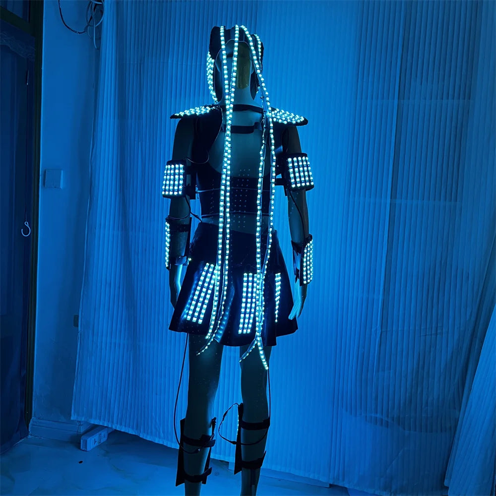 Cool RGB Led Women&#39;s Costume Light Up Wedding Dress Party Skirt DJ Sexy Bra Shoulder Underdress Performance Mask With Long Hairs