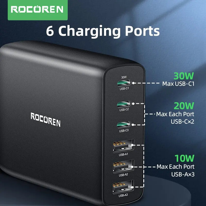 Rocoren 100W USB Charger Type C PD Fast Charging Multiple 6 Ports Desktop Charger Station For iPhone 14 13 Pro Xiaomi POCO