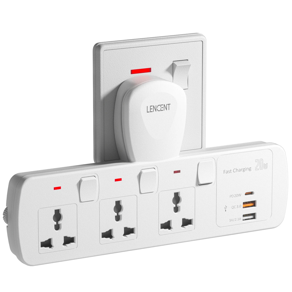 LENCENT Multi Extension Socket with 3 AC Outlet QC 3.0 USB Fast Charging  PD 20W Type C Plug Adapter with Switch for Home Office