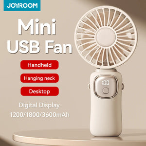 Joyroom USB Rechargeable 3600 mAh Mini Fan Handheld Foldable Portable Neck Hanging Fan 5 Speeds with Phone Stand Display Screen