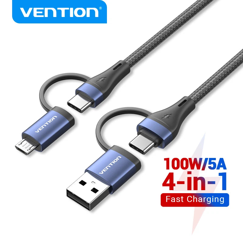 Vention 4 In 1 USB C 100W PD Type C To USB C Fast Charging Cable Usb A to Micro USB For POCO Xiaomi Samsung Mobile phone Cable