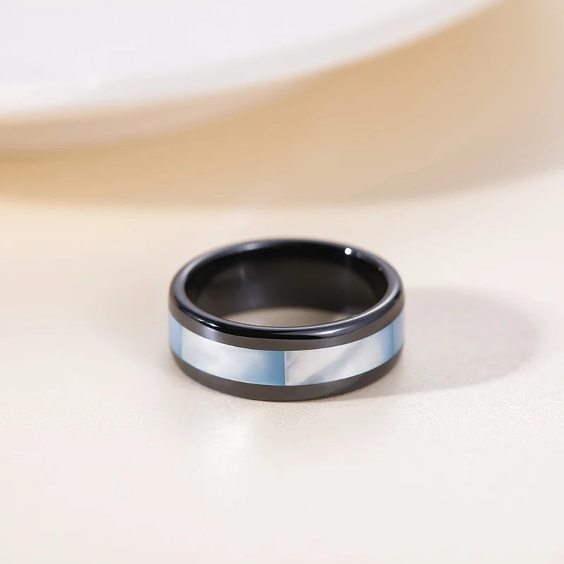 Kolmnsta 8mm Black Ceramic Ring Men Women Rings Real Blue Shell Inlaid Wedding Engagement Band Fashion Jewelry For Lover Couple