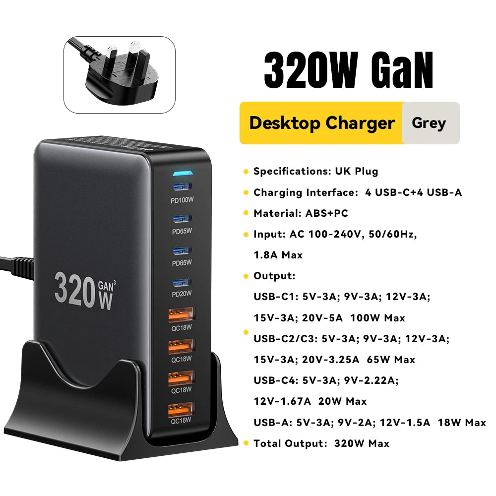 Essager 320W GaN Charger 8Port USB Type C Desktop Charging Station PD 100W Fast Charging For iPhone 16 15 14 iPad MacBook Laptop