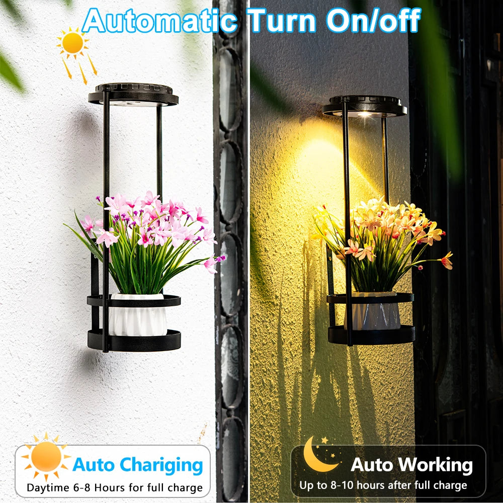 Solar Floor Lamp with Plant Stand Waterproof Outdoor Solar Wall Fence Light 3 Lighting Colors Metal Garden Decor Plant Deck Step