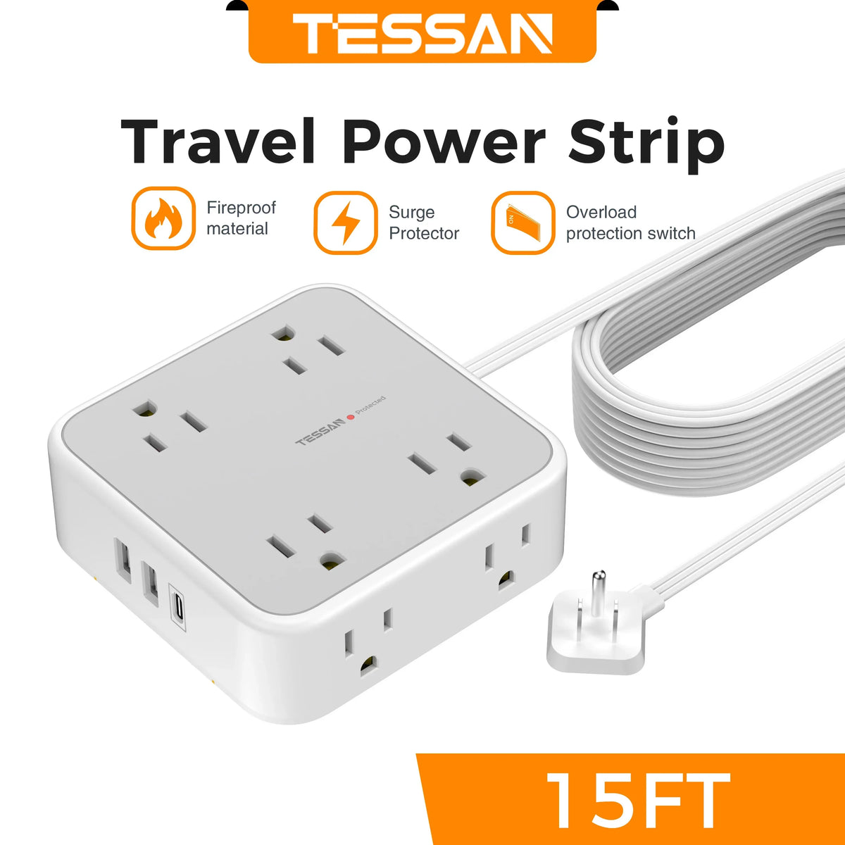 TESSAN Ultra Thin Flat Power Strip Plug with 8 Outlets 3 USB Multi Outlet Surge Protector with 5FT 10FT Extension Cable