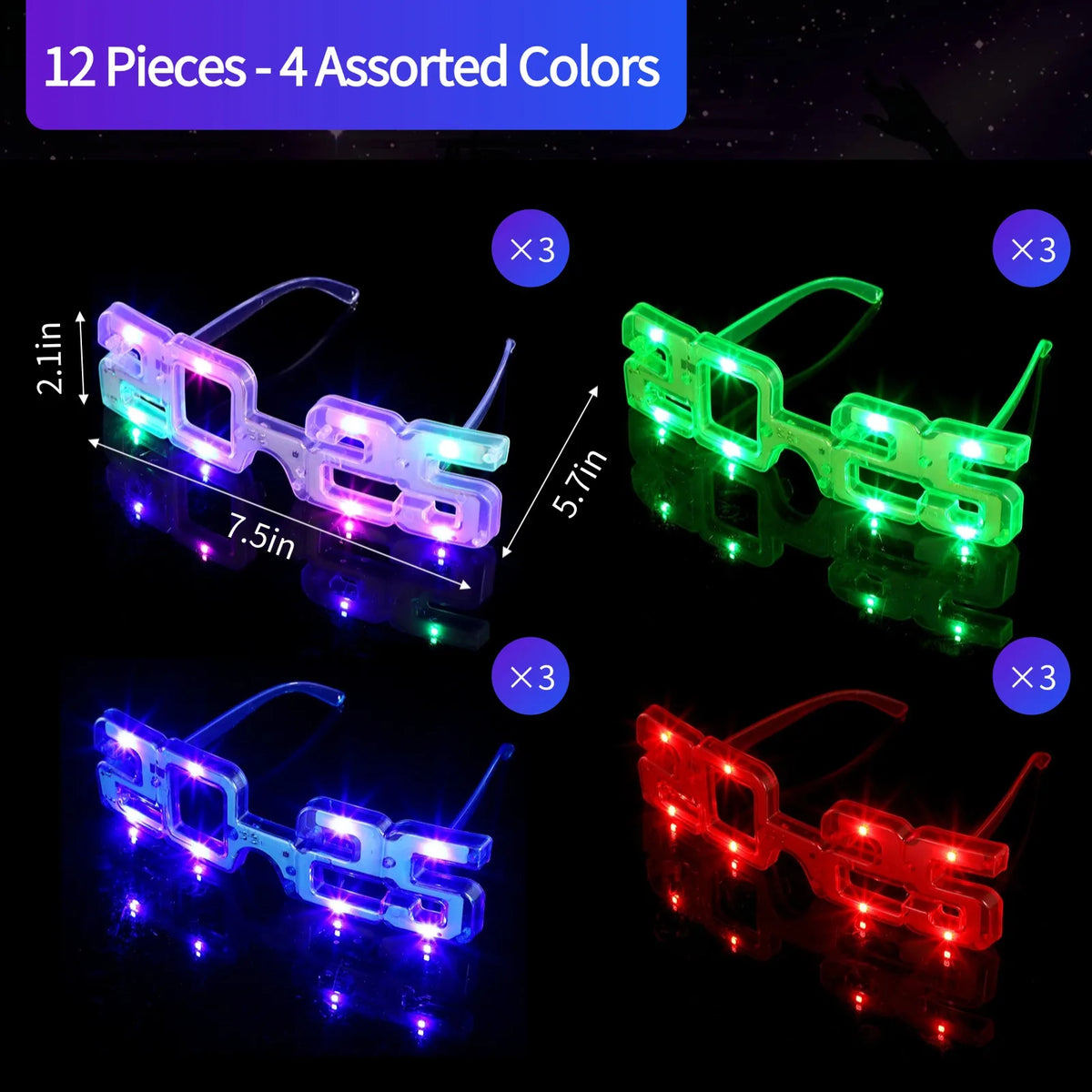 12Pcs 2025 Light Up Glasses 2025 LED Party Glasses Neon Party Eyewear 3 Flashing Modes For New Year Graduation Celebrations
